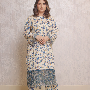 2 Piece - Off White Beige Printed With Border Soft Lawn | ZB1002-SM